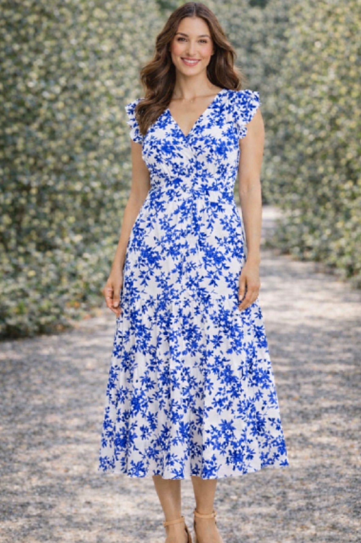 PA-Blue Floral Flutter Sleeve Dress – Linden Rose Boutique