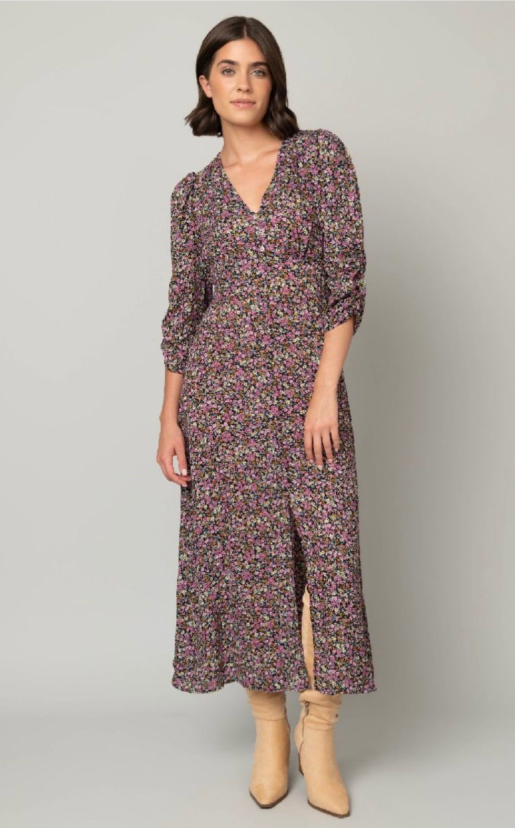 3/4 Sleeve Button Front Floral Maxi Dress