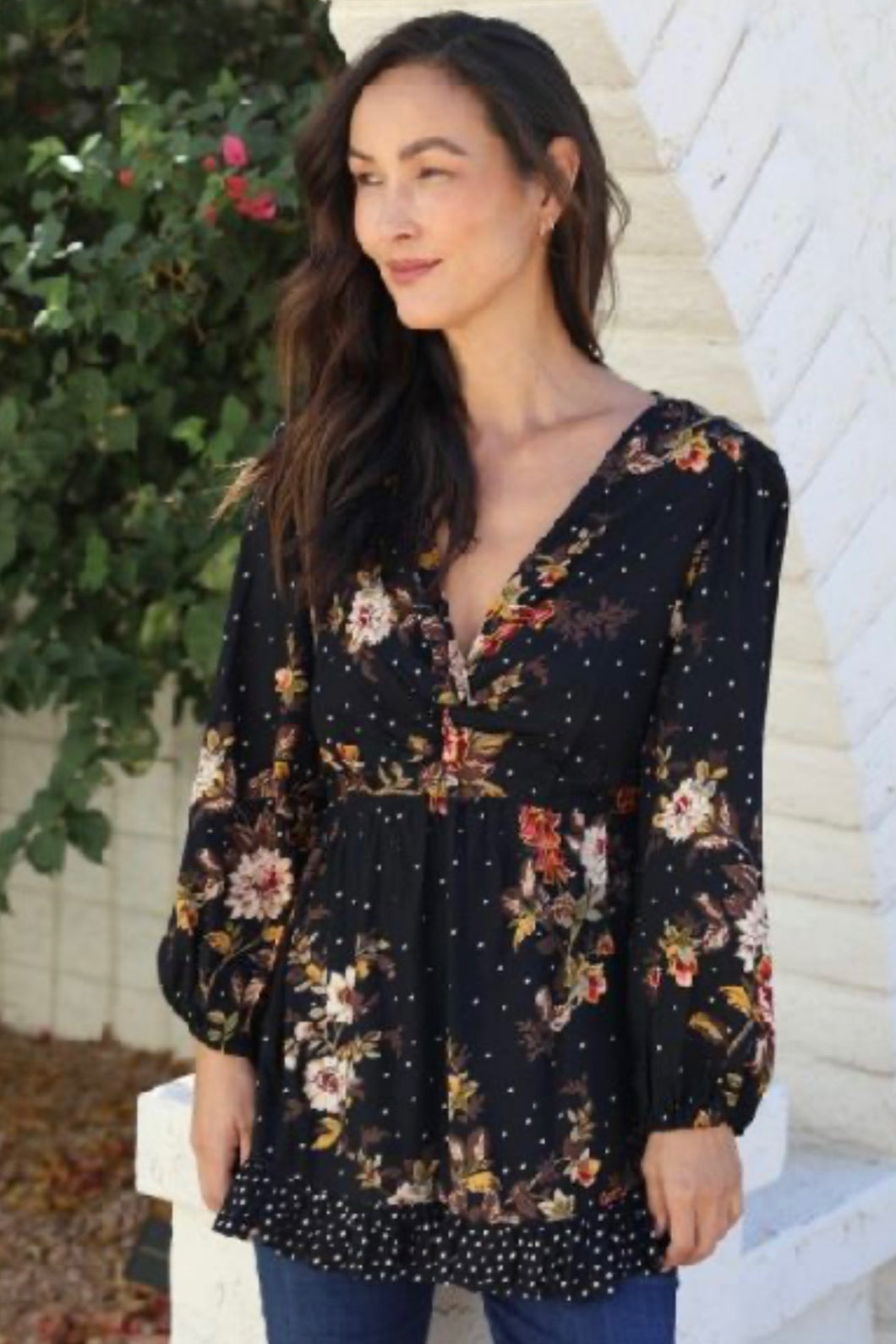 Floral Pin Dot Balloon Sleeve Blouse