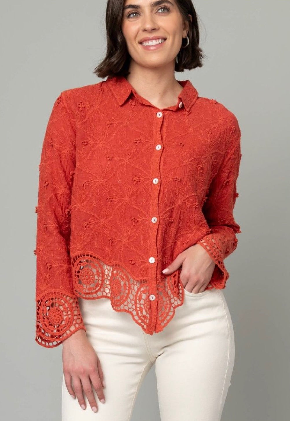 Embroidered Button Front Crochet Trim Top