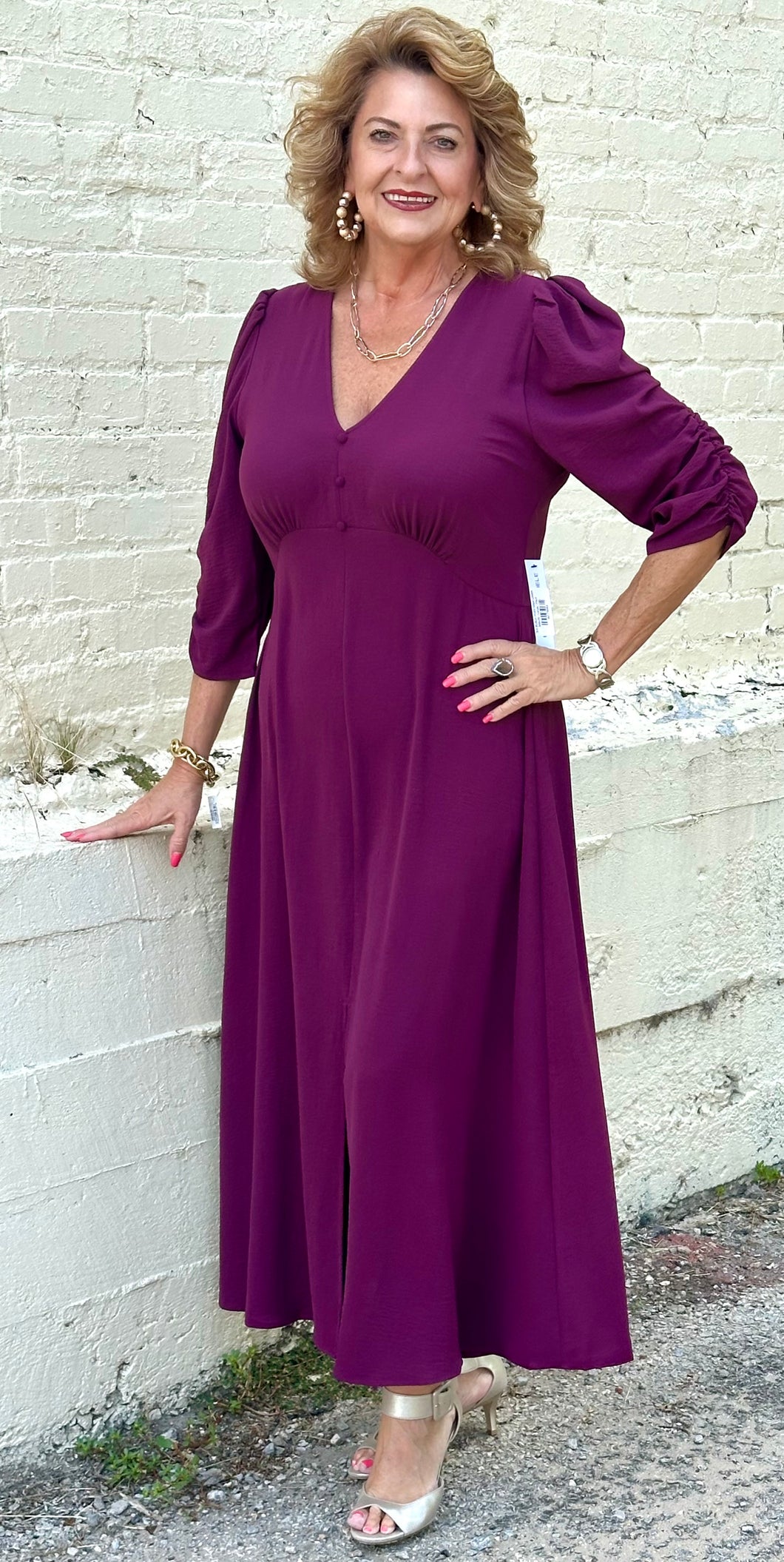 3/4 Button Front Maxi Dress