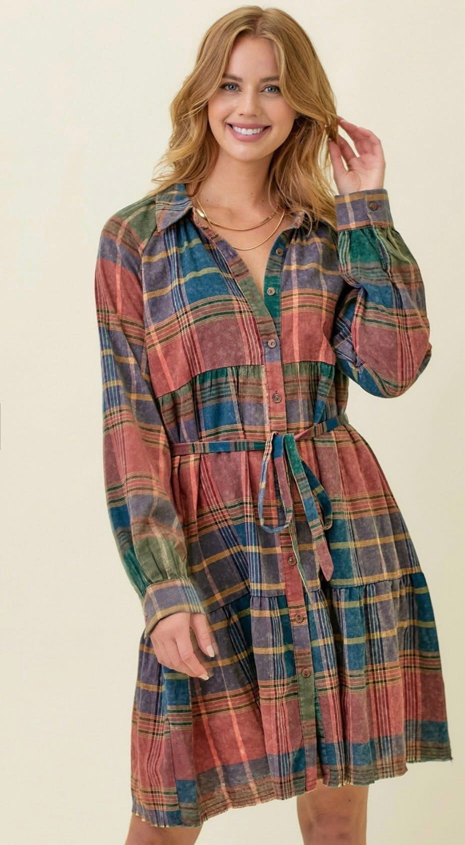 Flannel Self Sash Tiered Dress