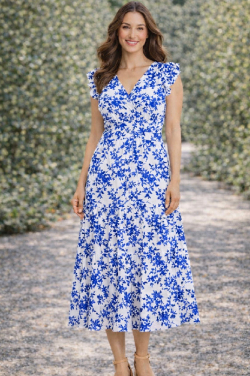 PA-Blue Floral Flutter Sleeve Dress