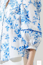 Load image into Gallery viewer, White Button Up Top with Blue Floral Print
