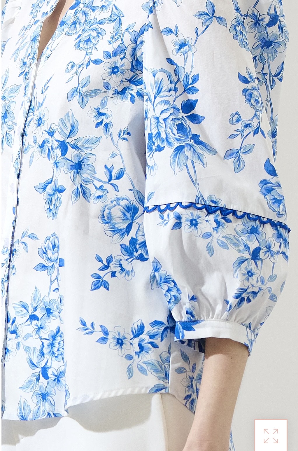White Button Up Top with Blue Floral Print