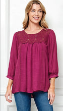 Load image into Gallery viewer, WIN Top-Crochet Lace Neckline Peasant Top
