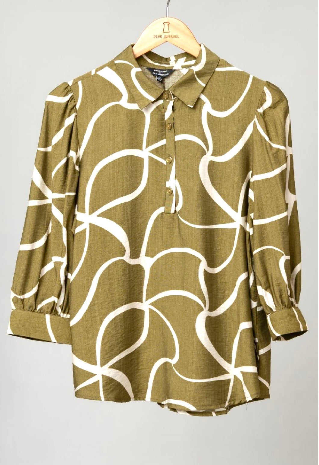 Button Front Elbow Puff Sleeve Blouse