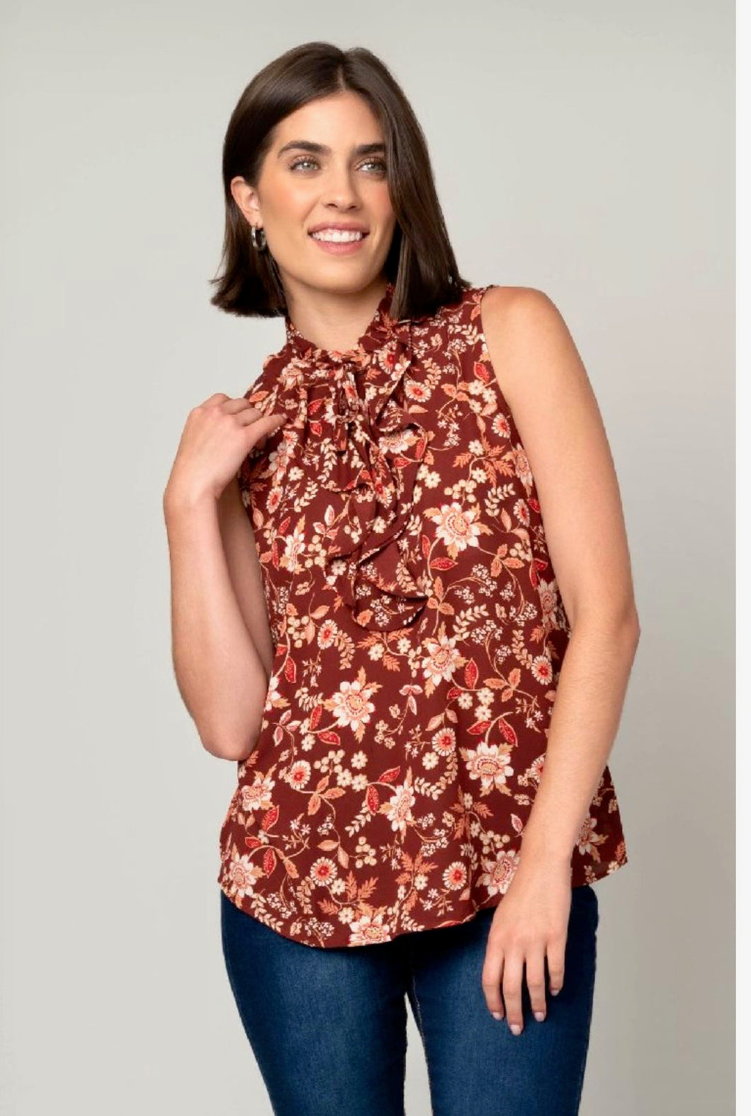 Printed Crepe Ruffle Neck Tank