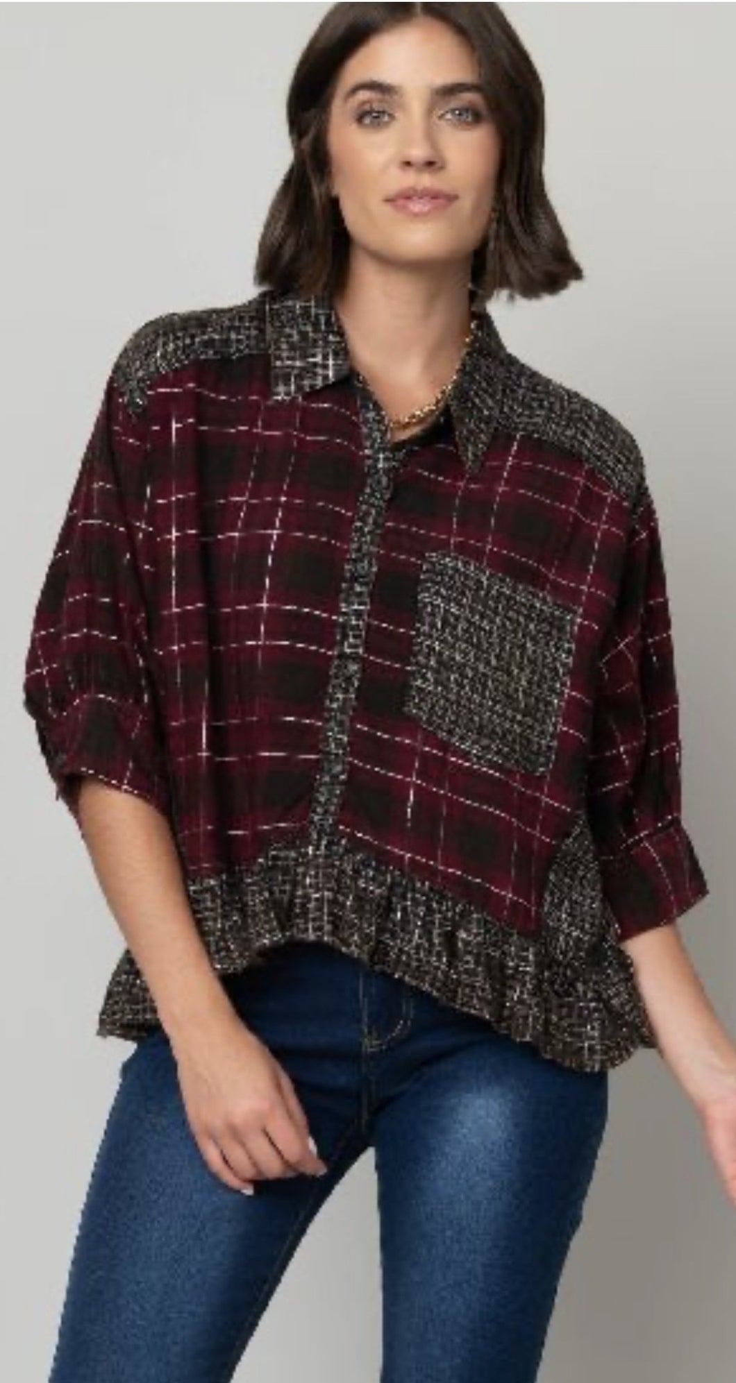 Plaid Button Up Top with Ruffle