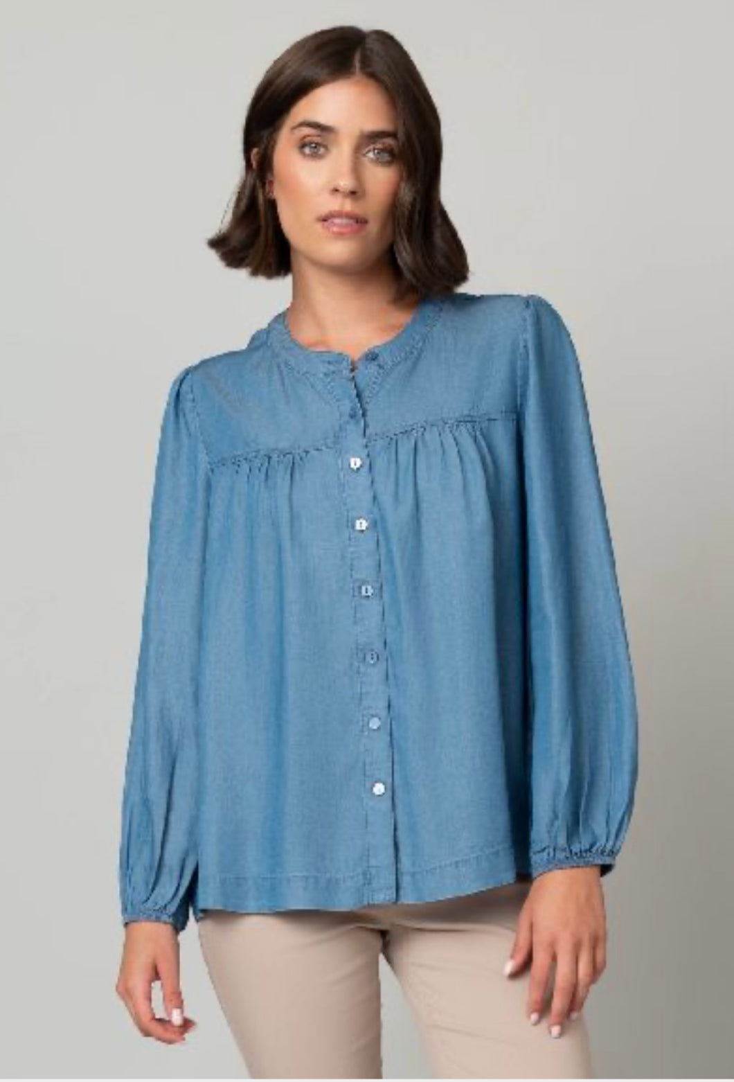 Tencel Button Front Peasant Top
