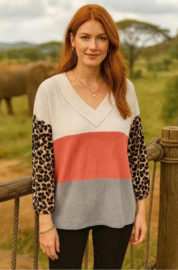Leopard Colorblock Thermal V-Neck Top