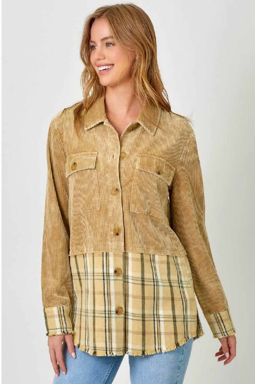 Corduroy Plaid Button Front Shacket