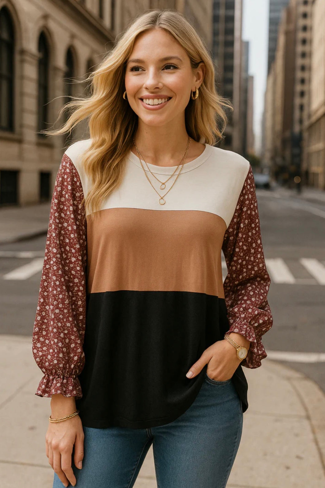 Floral Print Sleeve Color Block Top