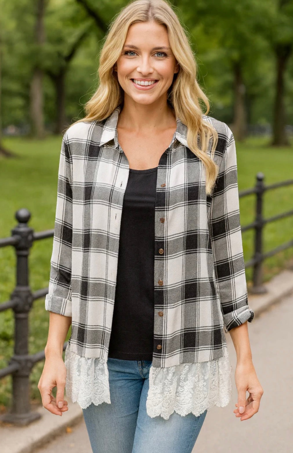 Lace Bottom Detail Flannel Button Up Top
